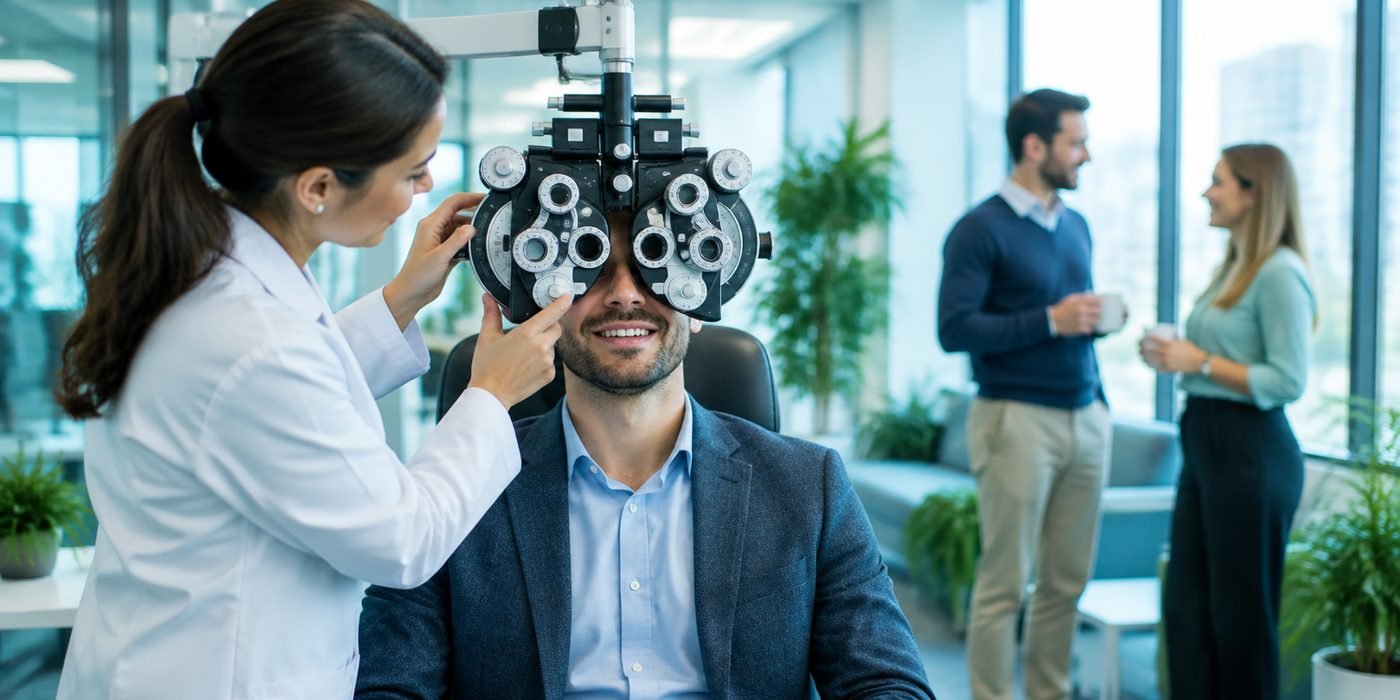 Especialista da Allvisioon realizando avaliação visual em colaborador no ambiente de trabalho