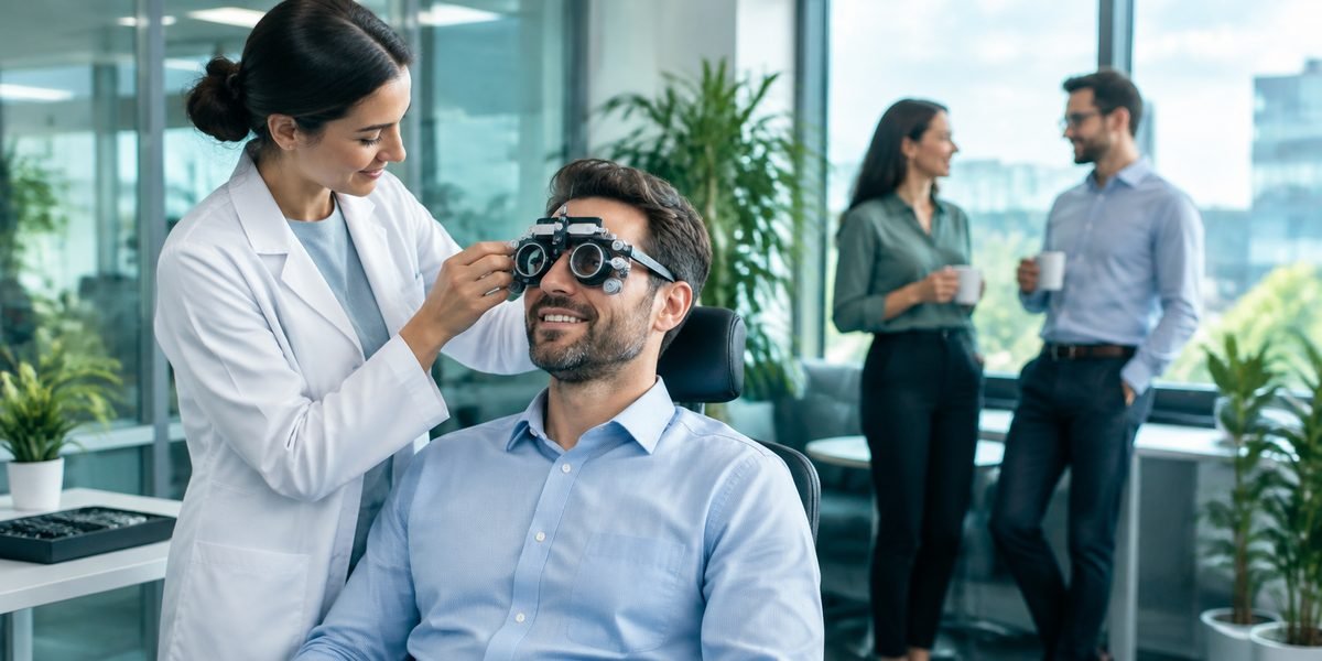 Especialista Allvisioon realizando avaliação visual em ambiente corporativo